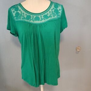 St. John Bay Rosette Floral Mesh Scoop Neck Pleated Neckline High-low Hem Blouse